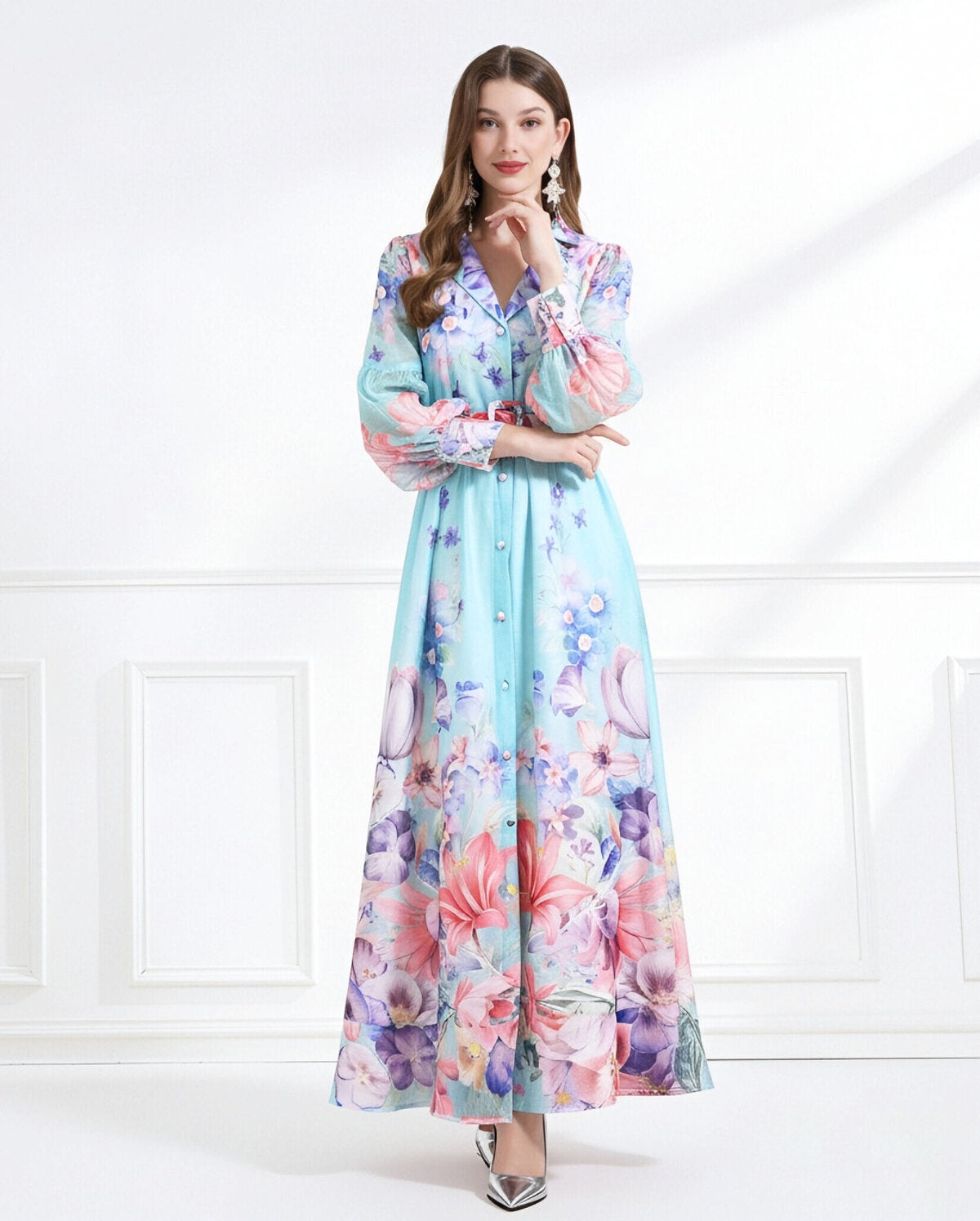 Enchanted Bloom Belted Chiffon Maxi Dress