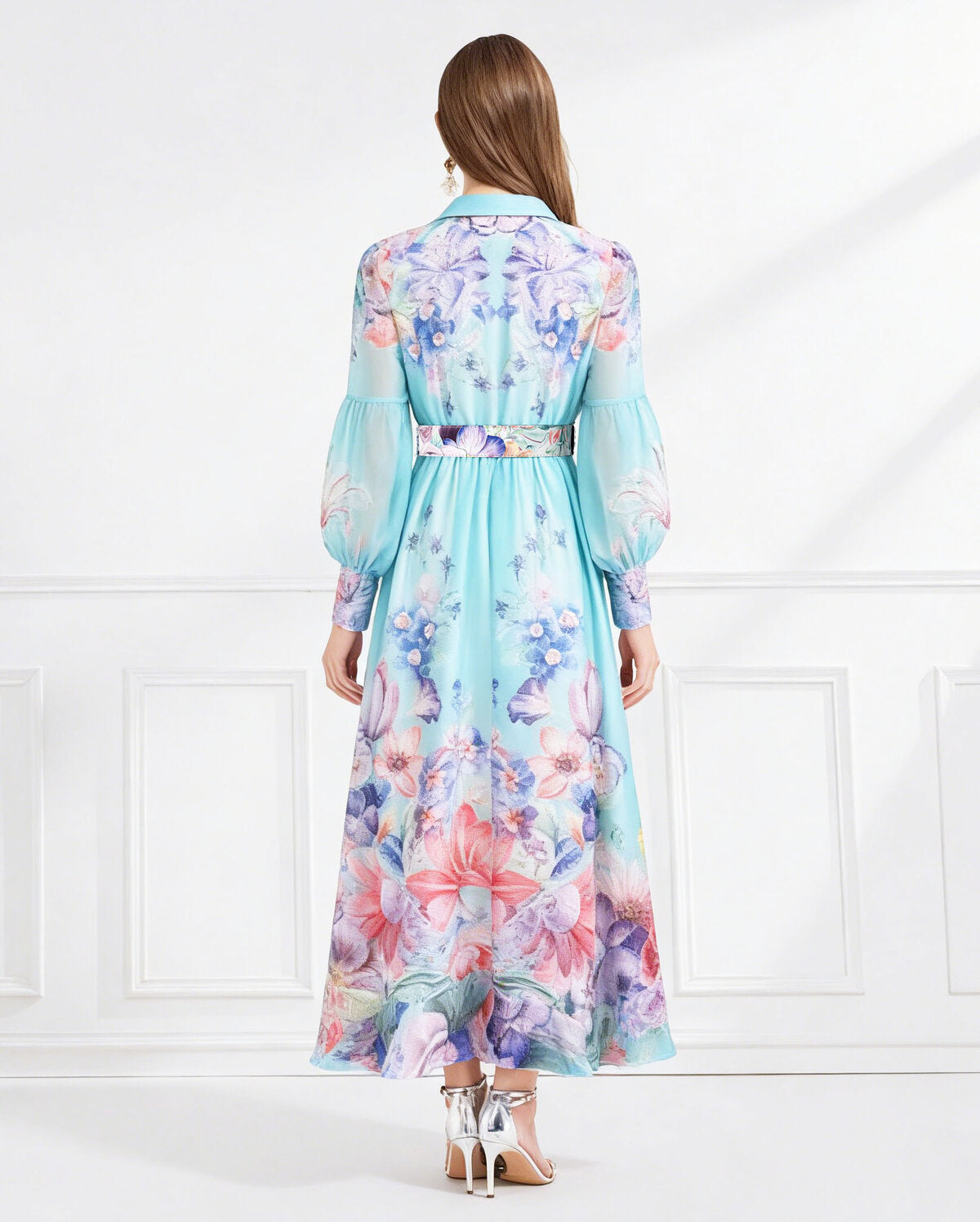 Enchanted Bloom Belted Chiffon Maxi Dress