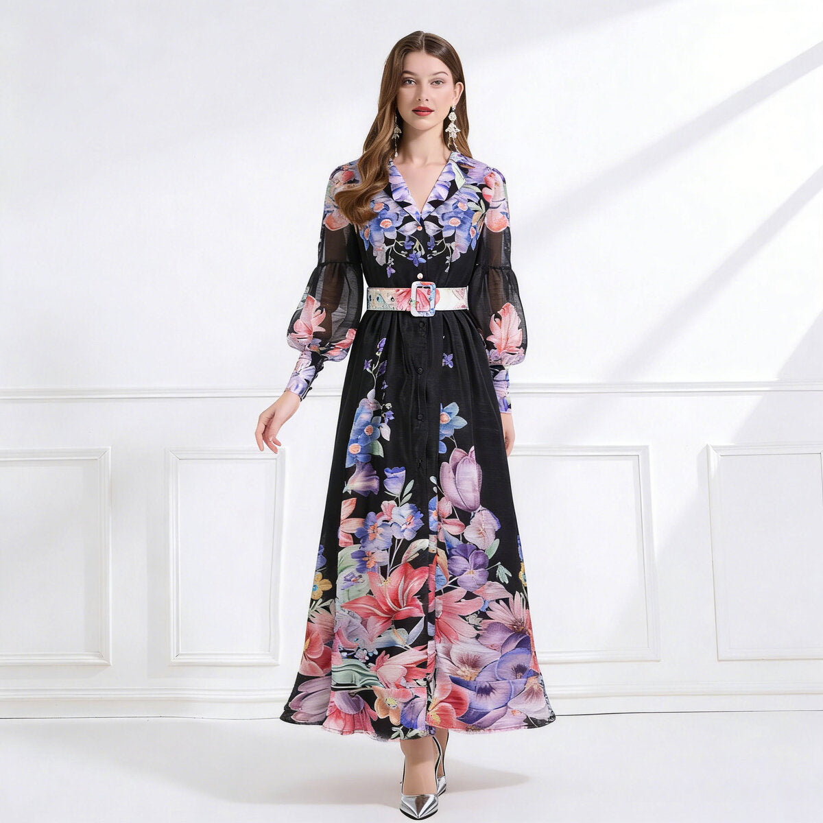 Enchanted Bloom Belted Chiffon Maxi Dress