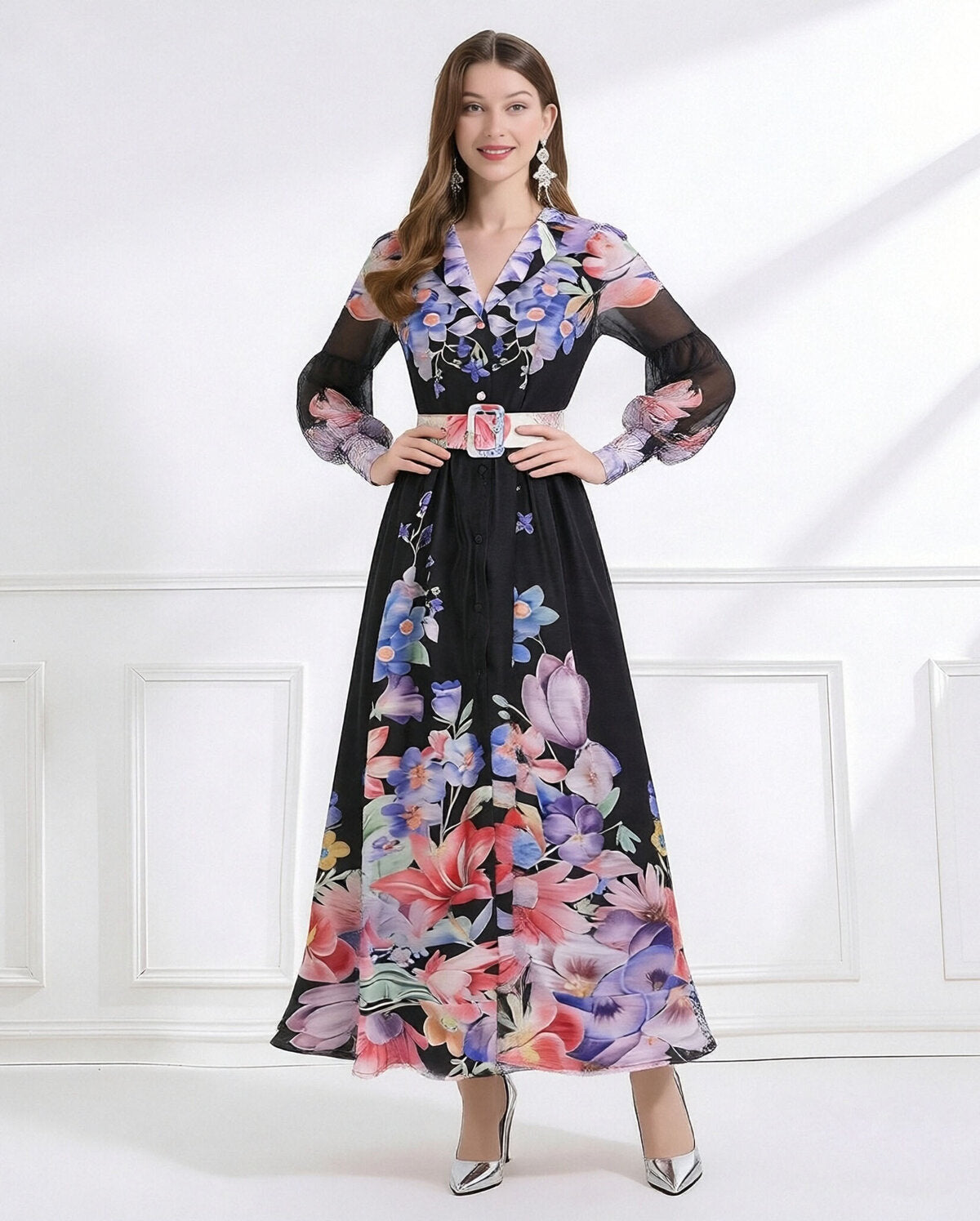 Enchanted Bloom Belted Chiffon Maxi Dress