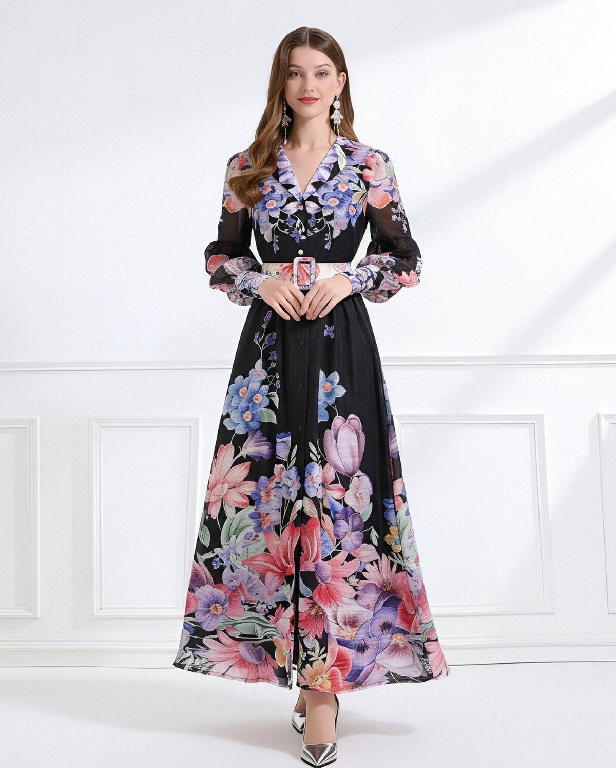 Enchanted Bloom Belted Chiffon Maxi Dress