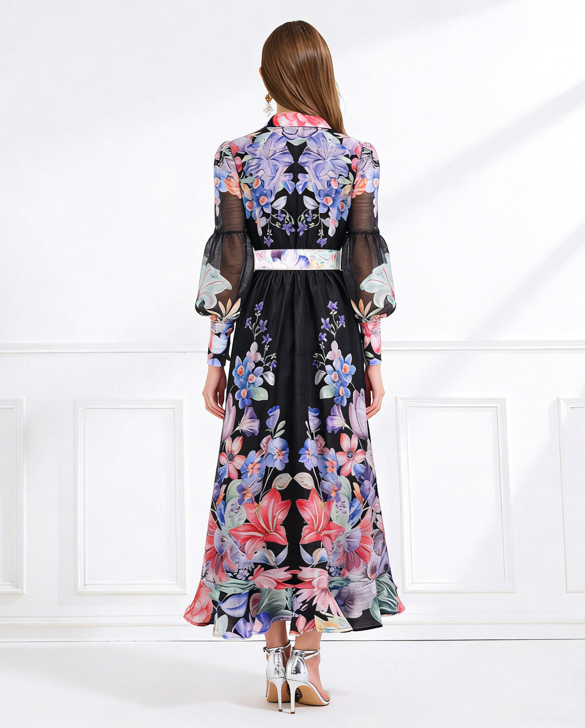 Enchanted Bloom Belted Chiffon Maxi Dress