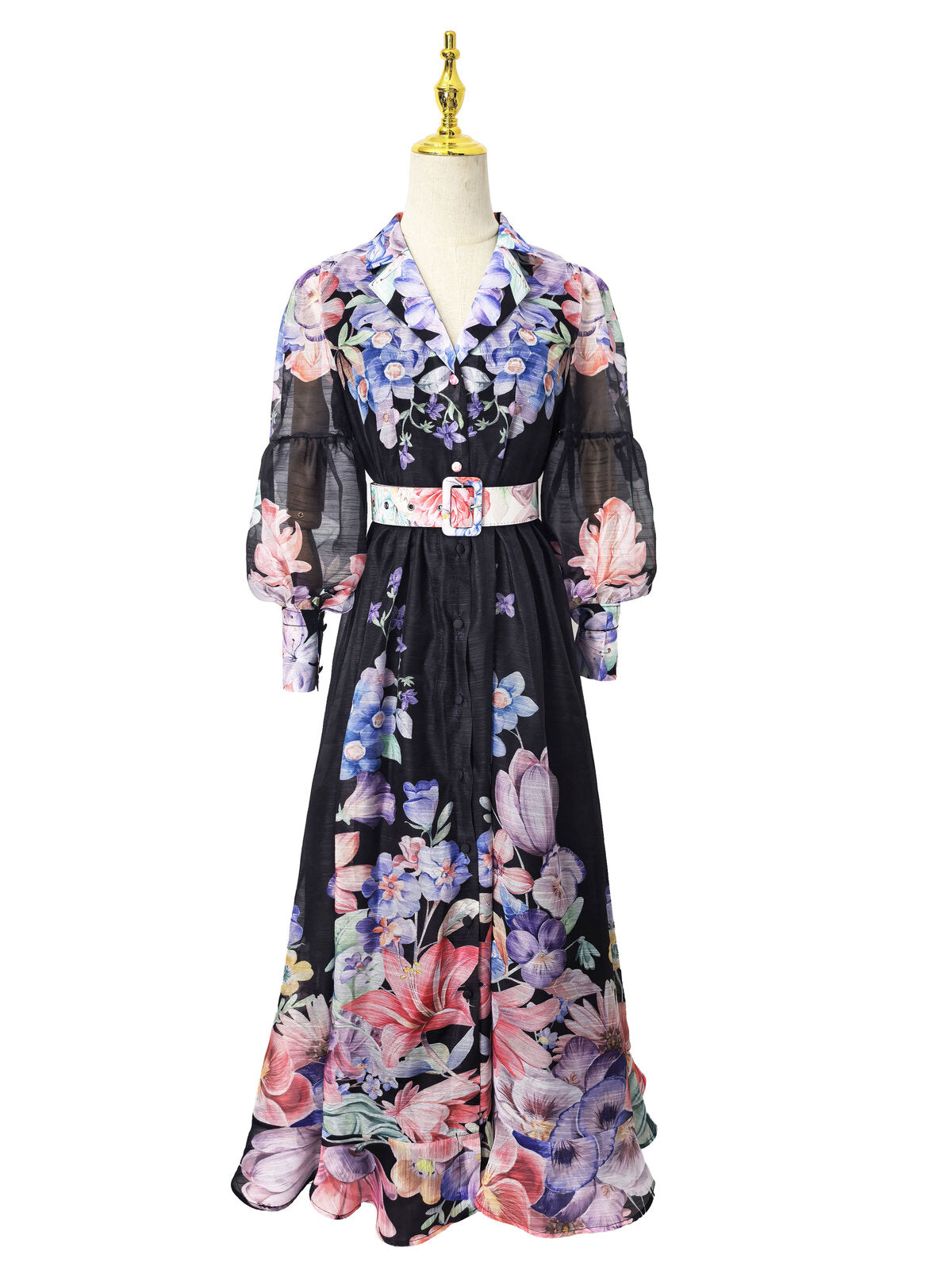 Enchanted Bloom Belted Chiffon Maxi Dress