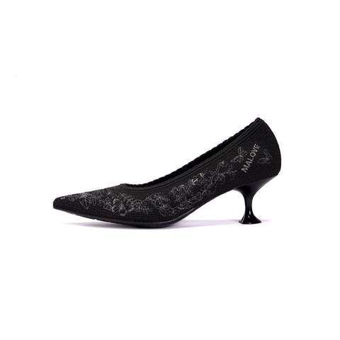 Enchanted Butterfly Pointed Toe Kitten Heels – 3D Embroidered Wine Glass Knit Pumps