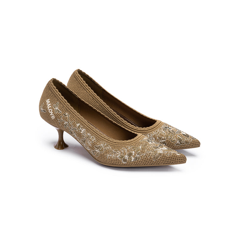 Enchanted Butterfly Pointed Toe Kitten Heels – 3D Embroidered Wine Glass Knit Pumps