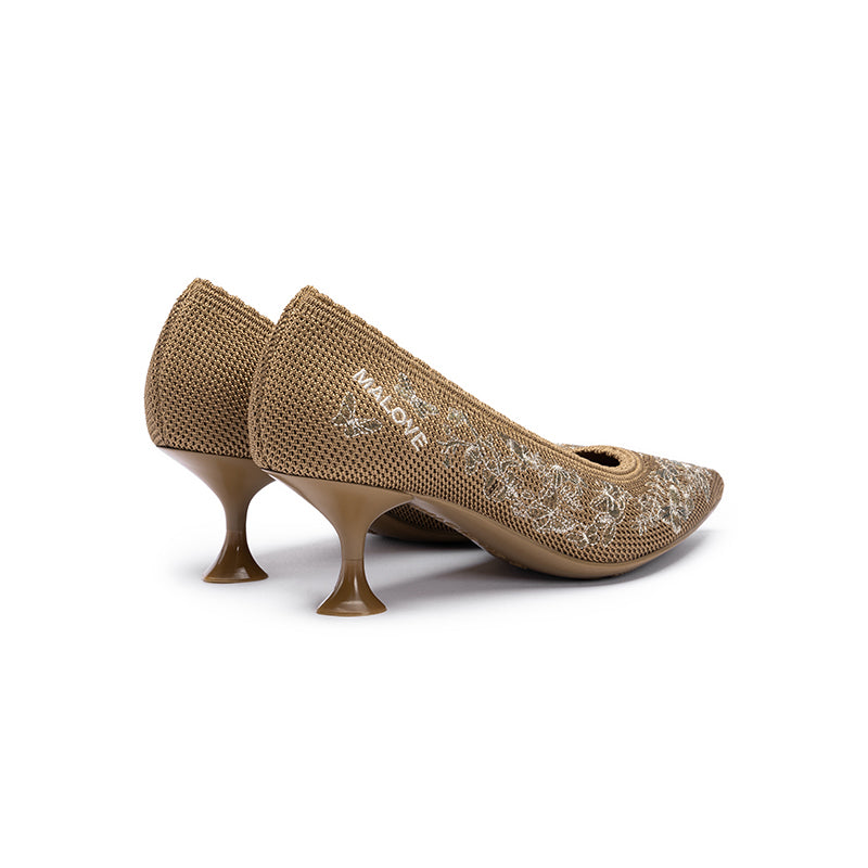 Enchanted Butterfly Pointed Toe Kitten Heels – 3D Embroidered Wine Glass Knit Pumps
