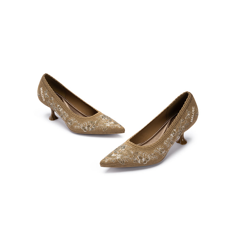 Enchanted Butterfly Pointed Toe Kitten Heels – 3D Embroidered Wine Glass Knit Pumps