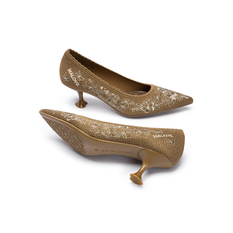 Enchanted Butterfly Pointed Toe Kitten Heels – 3D Embroidered Wine Glass Knit Pumps