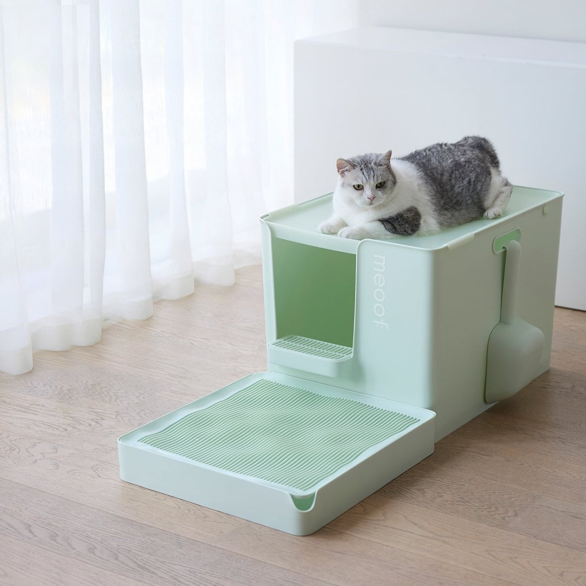 Extra Large Semi - Enclosed Cat Litter Box with Step & Scoop Set
