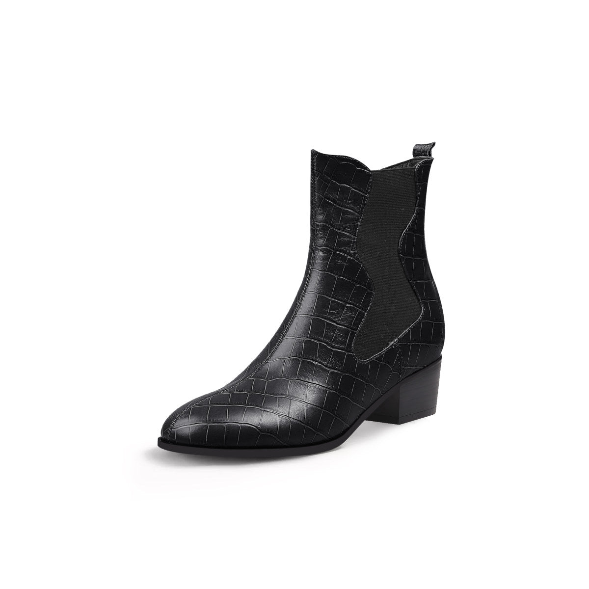 faux reptile block heel boots all black 2