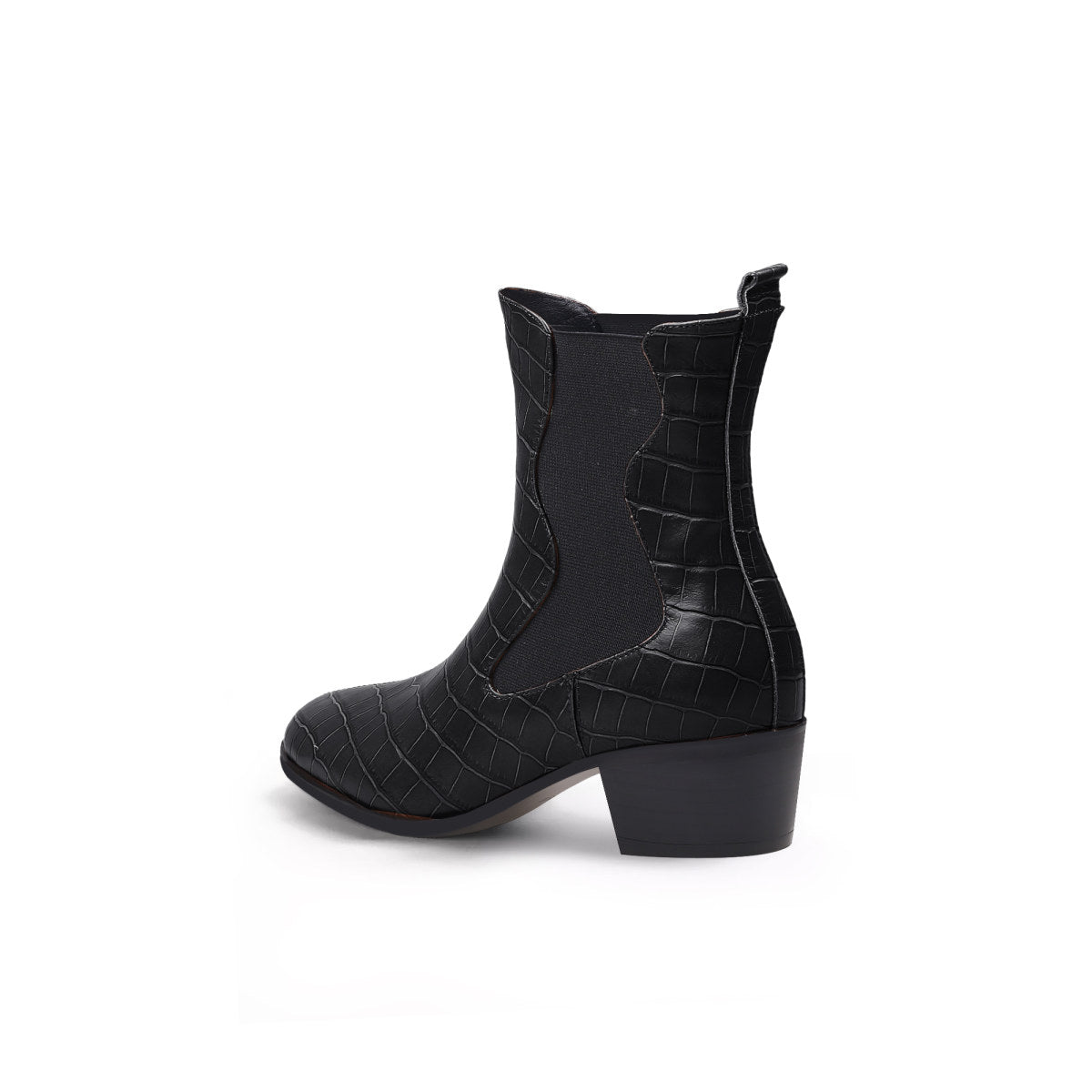 faux reptile block heel boots all black 4