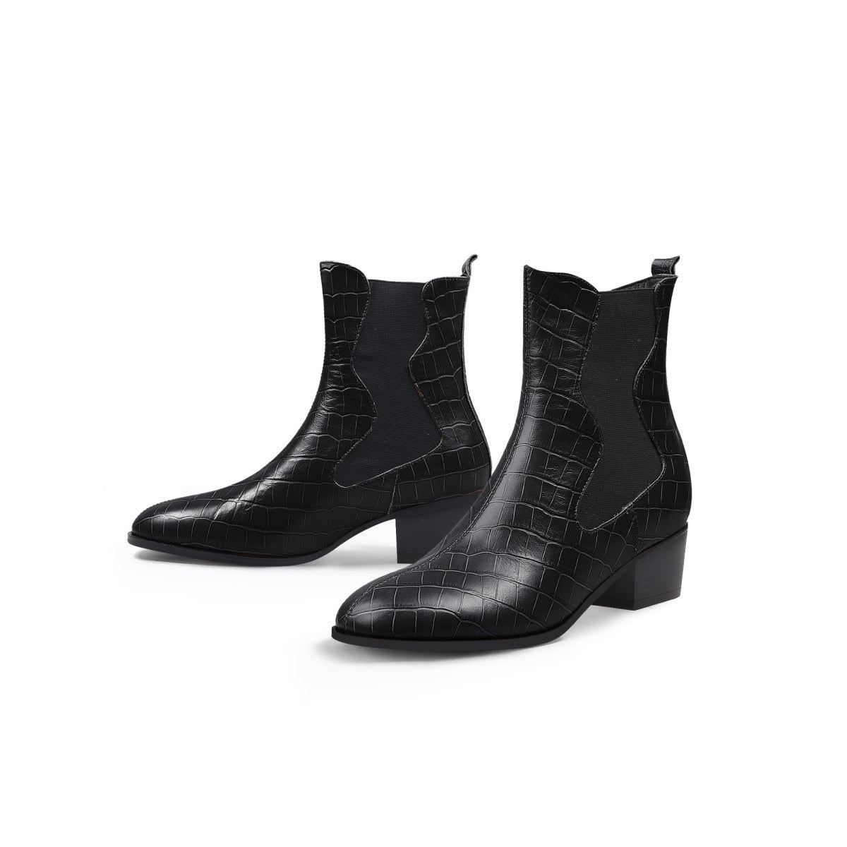 faux reptile block heel boots all black 6