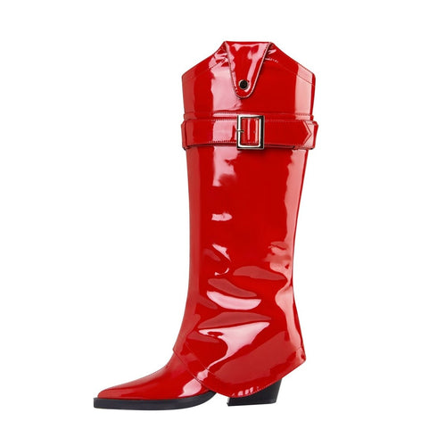 Fiery Red Pointed Toe Foldover Knee High Boots - 0cm