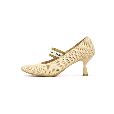 Fishnet Mary Jane Pumps – Round Toe Knit Sculpted Heels