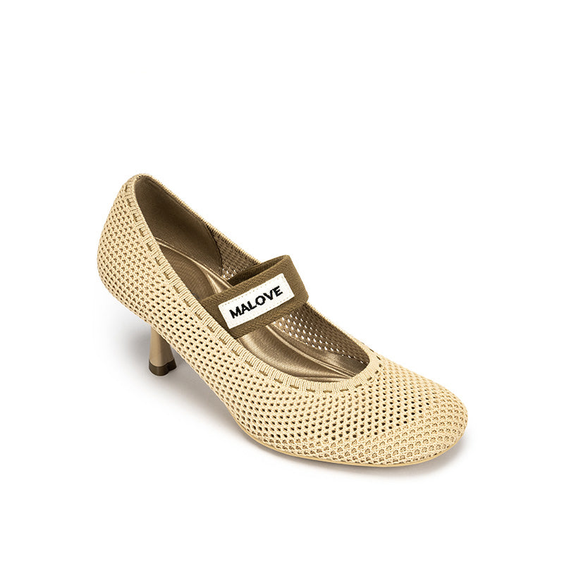 Fishnet Mary Jane Pumps – Round Toe Knit Sculpted Heels