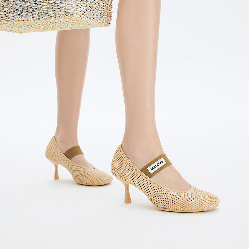 Fishnet Mary Jane Pumps – Round Toe Knit Sculpted Heels