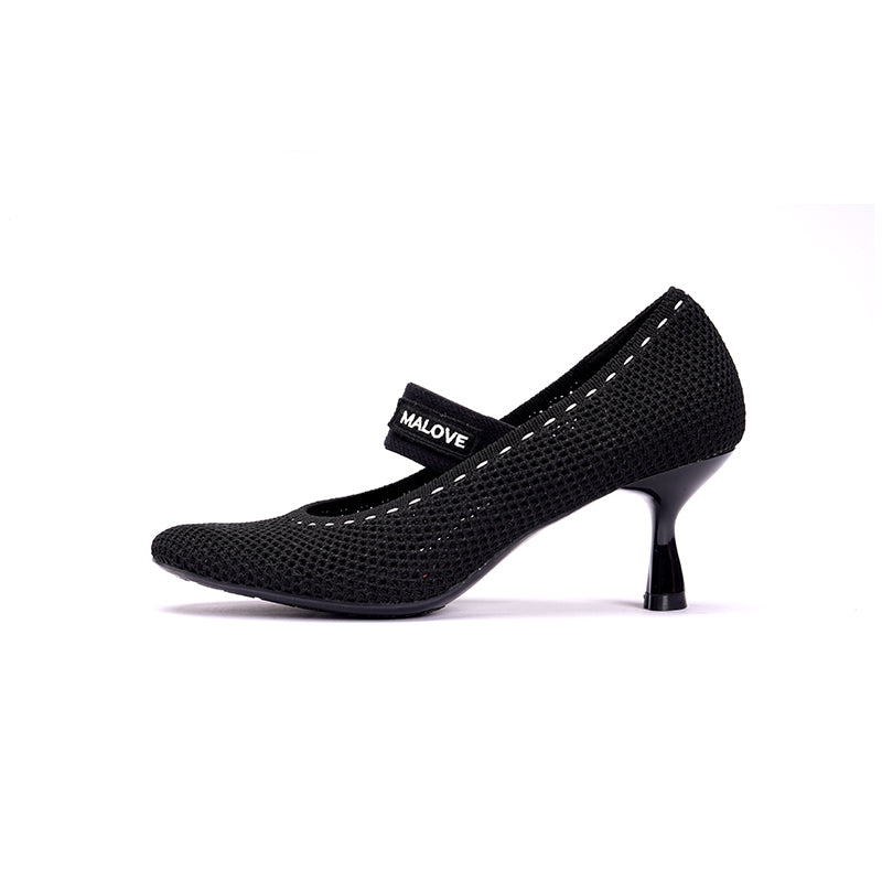 Fishnet Mary Jane Pumps – Round Toe Knit Sculpted Heels