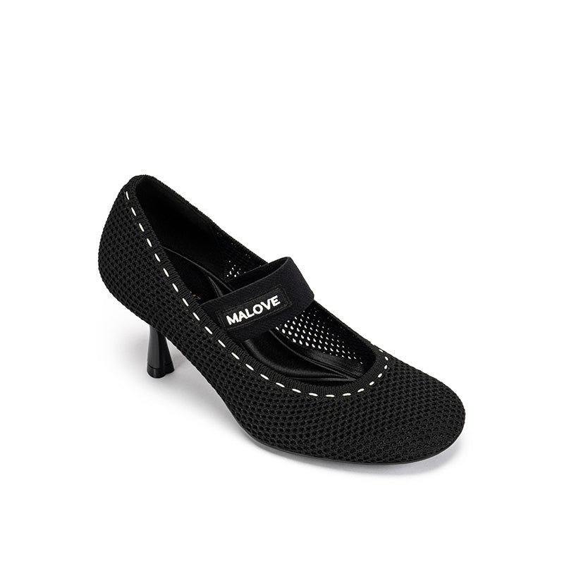 Fishnet Mary Jane Pumps – Round Toe Knit Sculpted Heels
