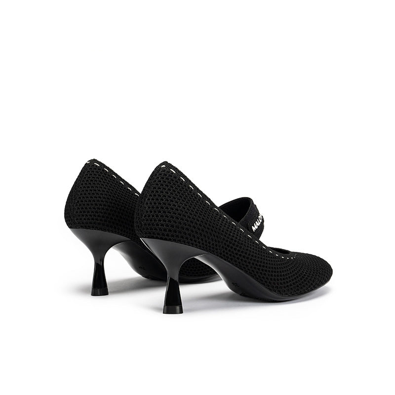 Fishnet Mary Jane Pumps – Round Toe Knit Sculpted Heels