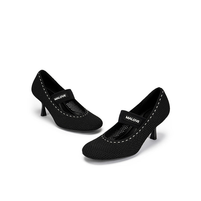Fishnet Mary Jane Pumps – Round Toe Knit Sculpted Heels