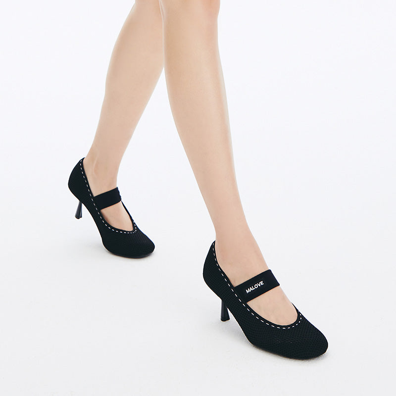 Fishnet Mary Jane Pumps – Round Toe Knit Sculpted Heels