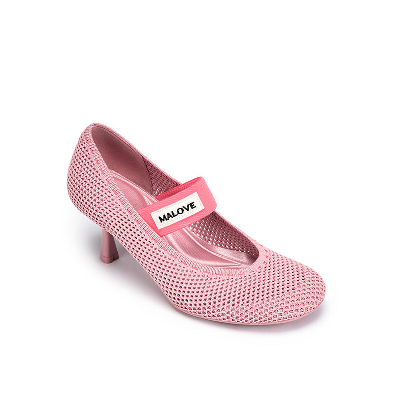 Fishnet Mary Jane Pumps – Round Toe Knit Sculpted Heels