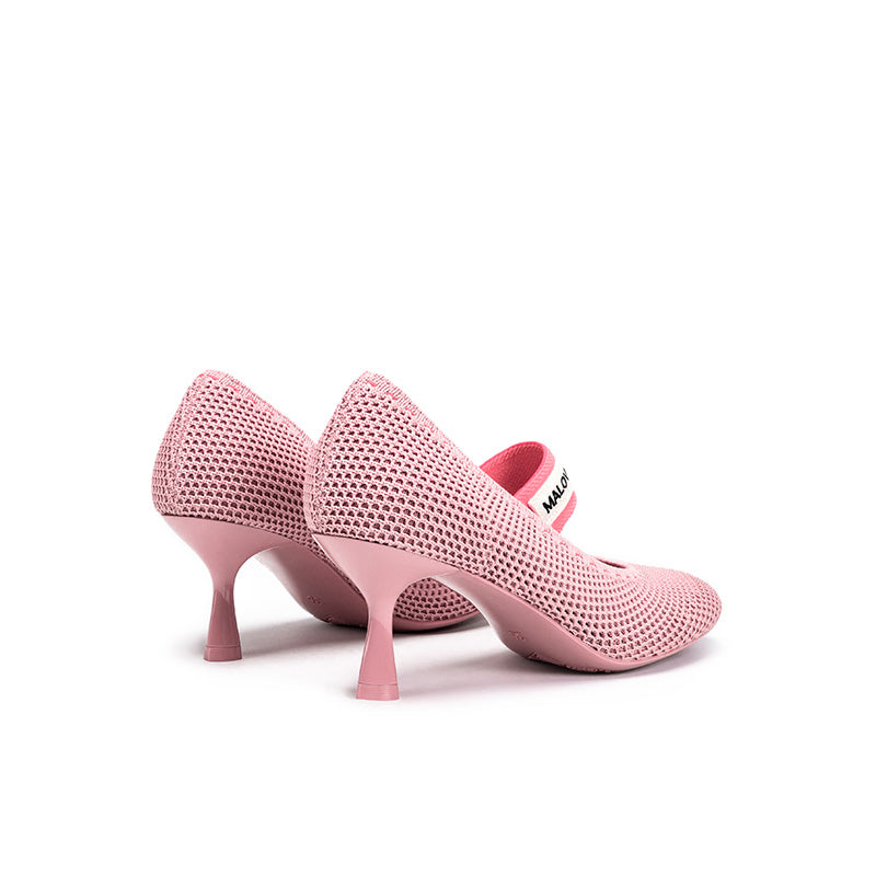 Fishnet Mary Jane Pumps – Round Toe Knit Sculpted Heels