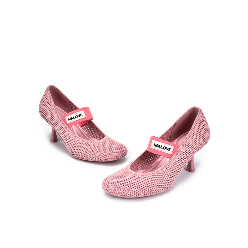 Fishnet Mary Jane Pumps – Round Toe Knit Sculpted Heels