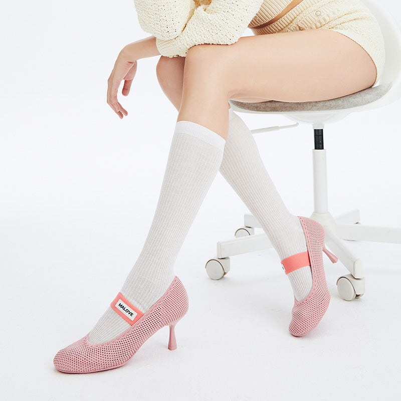 Fishnet Mary Jane Pumps – Round Toe Knit Sculpted Heels