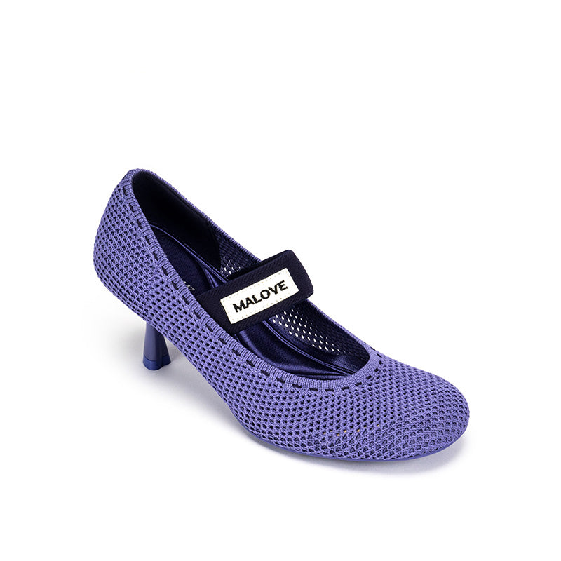 Fishnet Mary Jane Pumps – Round Toe Knit Sculpted Heels