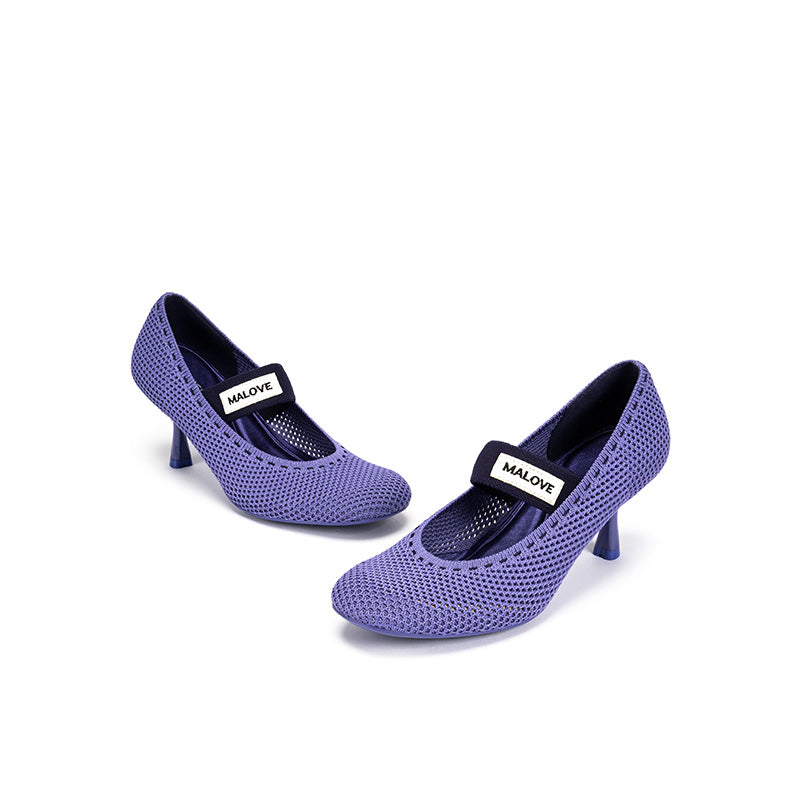 Fishnet Mary Jane Pumps – Round Toe Knit Sculpted Heels