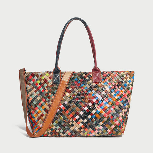 Flamboyant Multicolor Woven Leather Tote Bag – French-Chic Cowhide Braided Shoulder & Crossbody