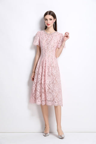 Flamingo Pink Sheer Floral Lace Dress