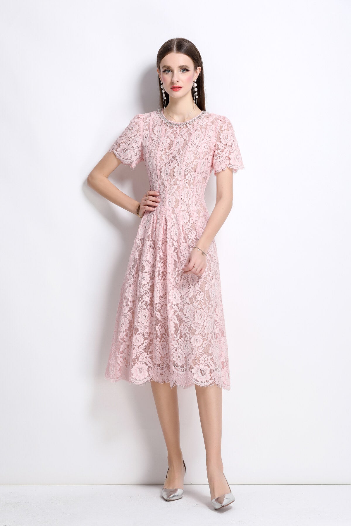 flamingo pink sheer floral lace dress all pink 2