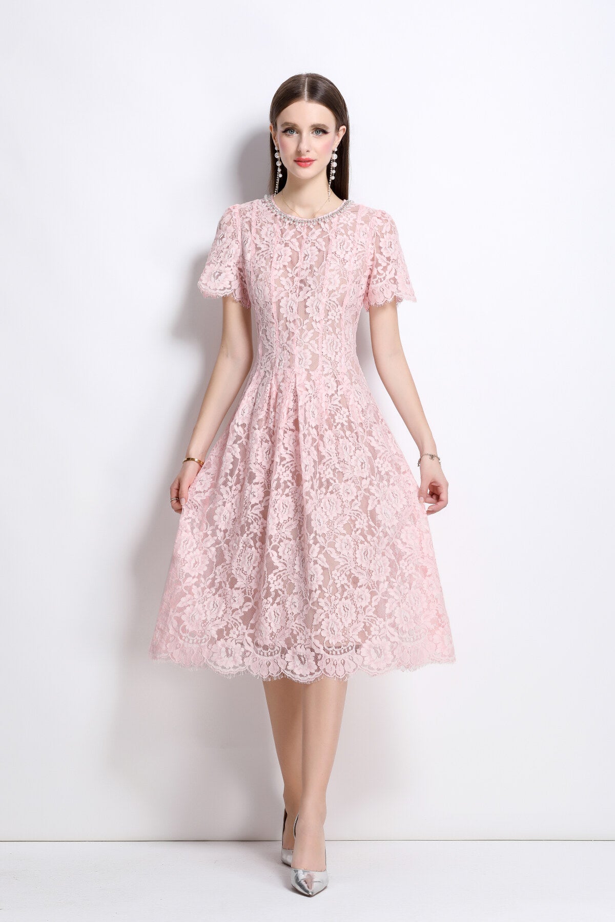 flamingo pink sheer floral lace dress all pink 3