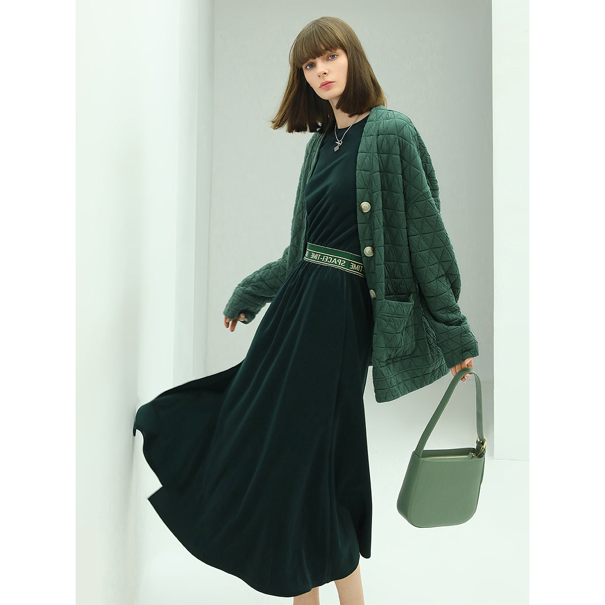 floor length liquid green dress with capped sleeves all green 3