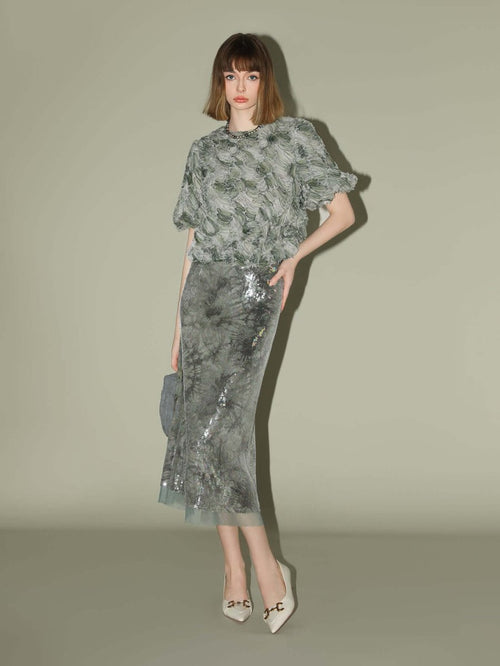 Floral Appliqué Gradient Mint Green Mesh Sleeve Top - 0cm