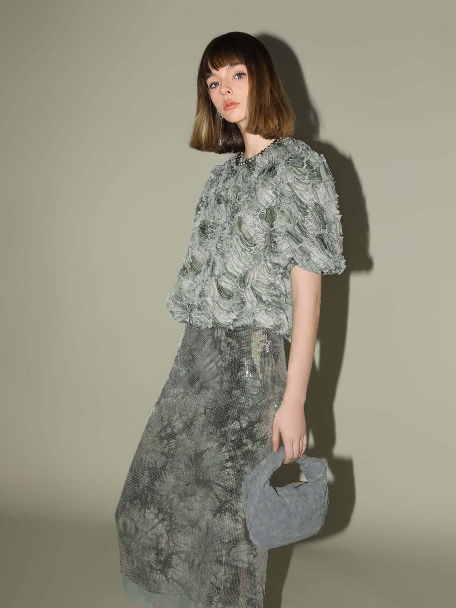 Floral Appliqué Gradient Mint Green Mesh Sleeve Top - 0cm