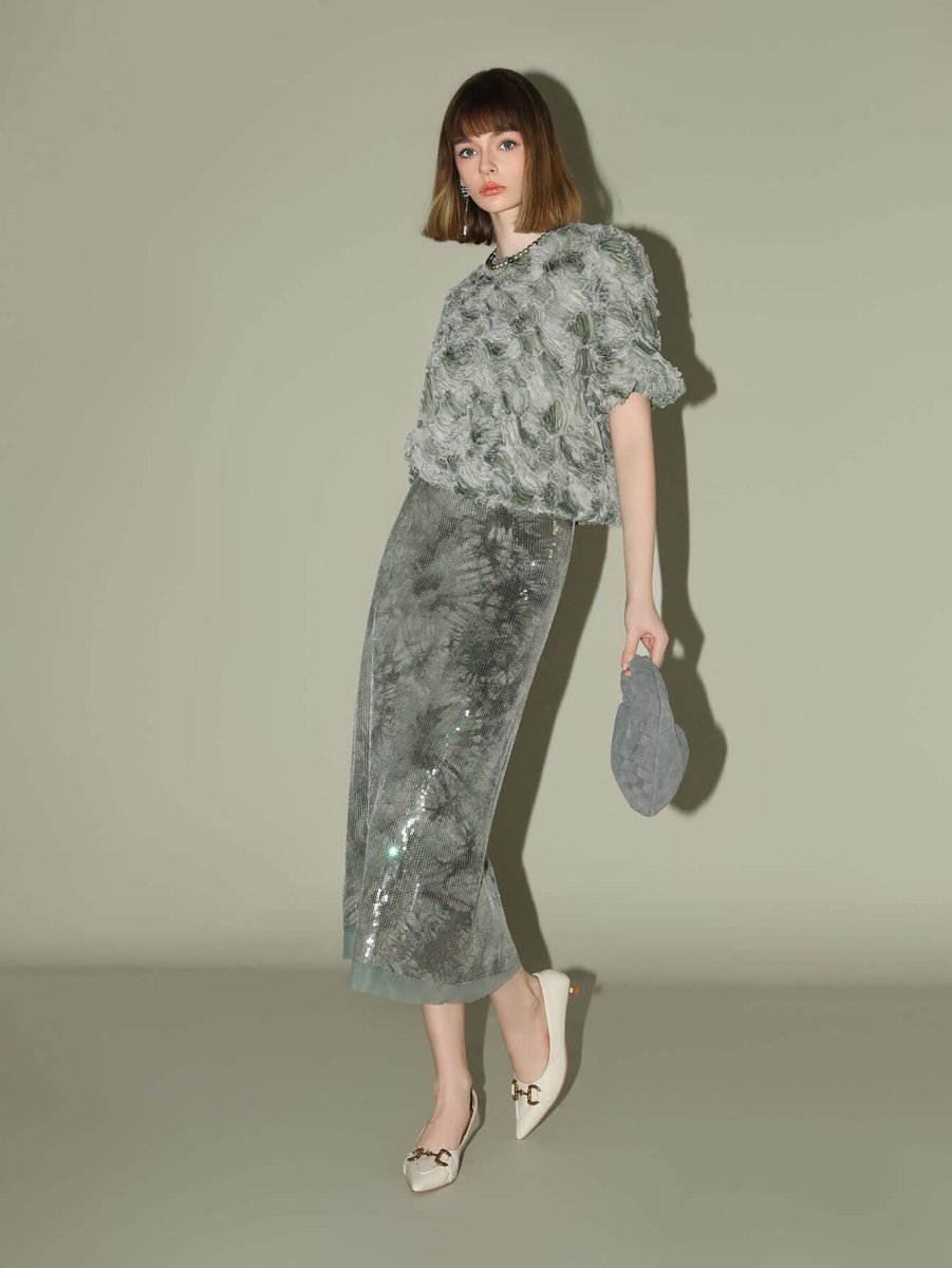 Floral Appliqué Gradient Mint Green Mesh Sleeve Top - 0cm