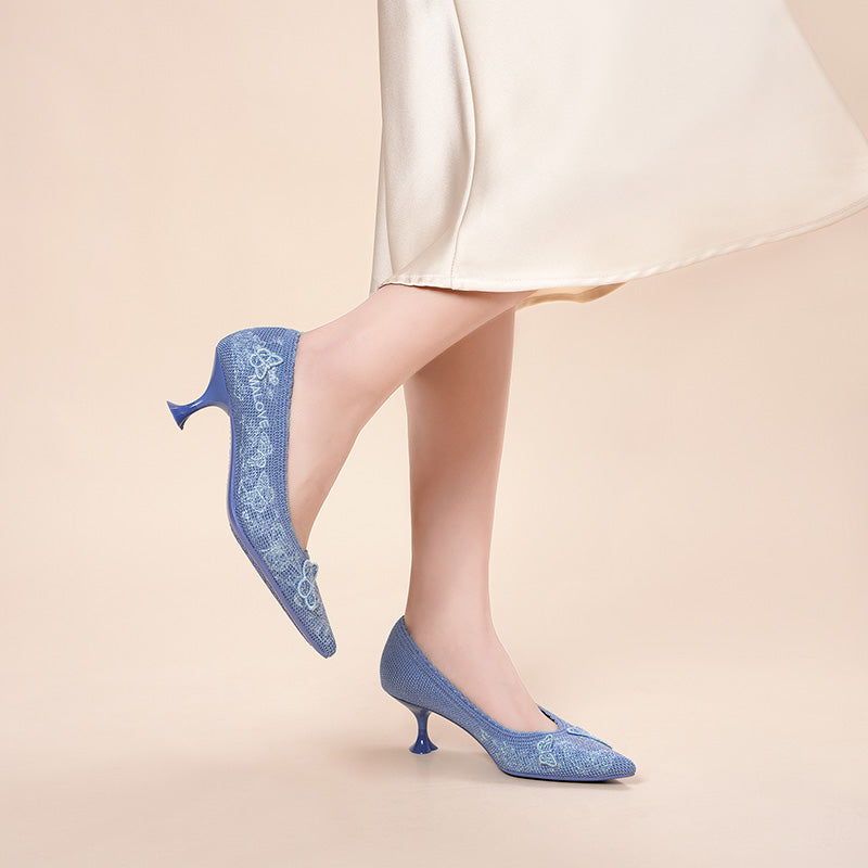 floral butterfly pointed toe kitten heels all blue 6
