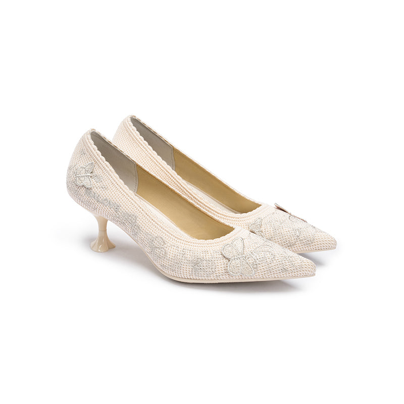 Floral Butterfly Pointed Toe Kitten Heels – 3D Knit Cultural Pumps