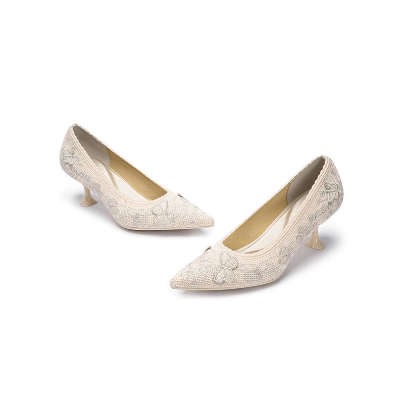 Floral Butterfly Pointed Toe Kitten Heels – 3D Knit Cultural Pumps