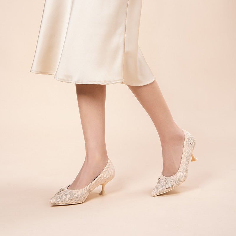 Floral Butterfly Pointed Toe Kitten Heels – 3D Knit Cultural Pumps