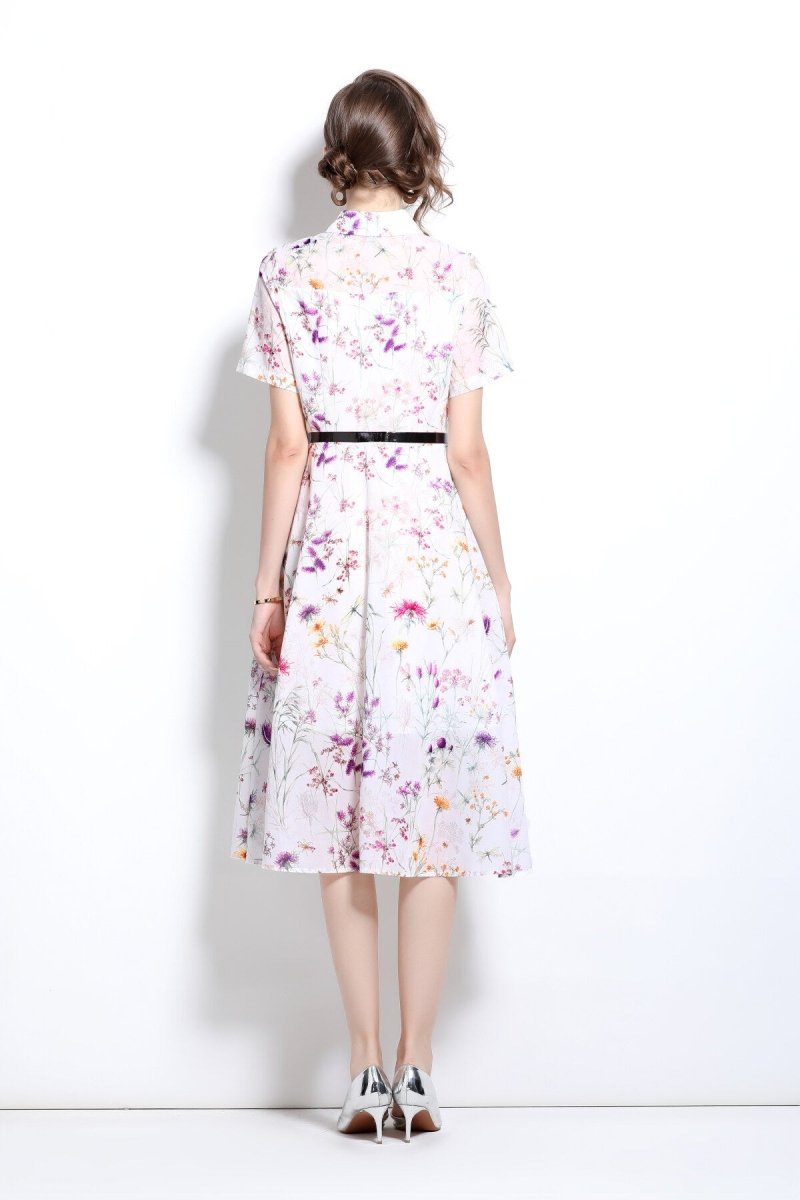 Floral Cinched Waist A Line Work Shirt Dress - 0cm