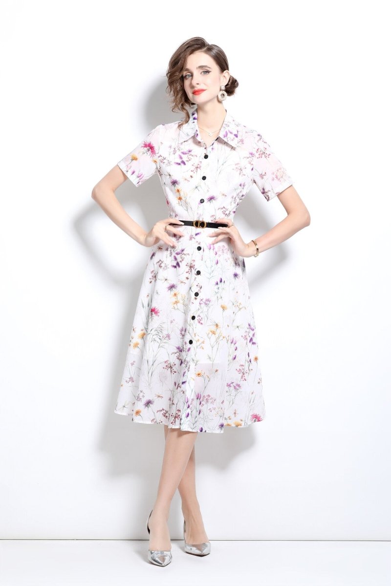 Floral Cinched Waist A Line Work Shirt Dress - 0cm