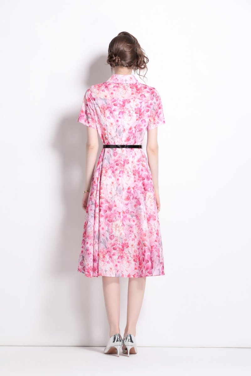Floral Cinched Waist A Line Work Shirt Dress - 0cm