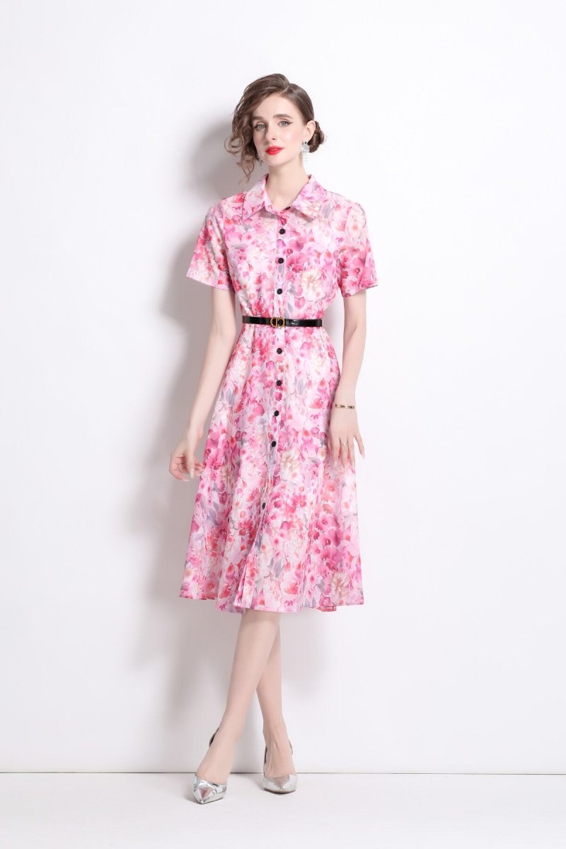 Floral Cinched Waist A Line Work Shirt Dress - 0cm