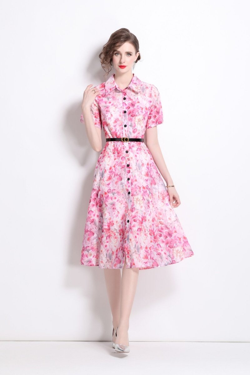 Floral Cinched Waist A Line Work Shirt Dress - 0cm