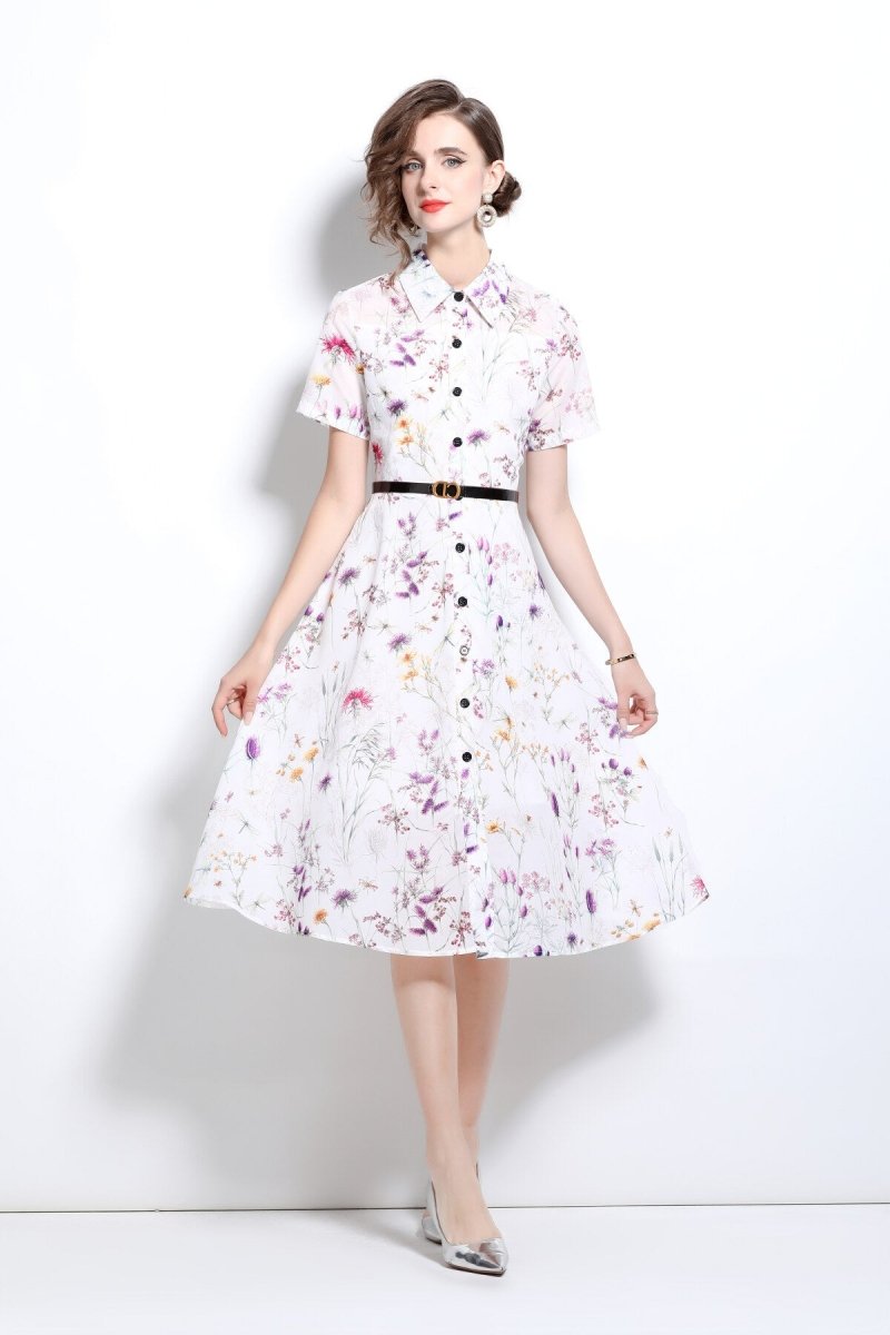 Floral Cinched Waist A Line Work Shirt Dress - 0cm