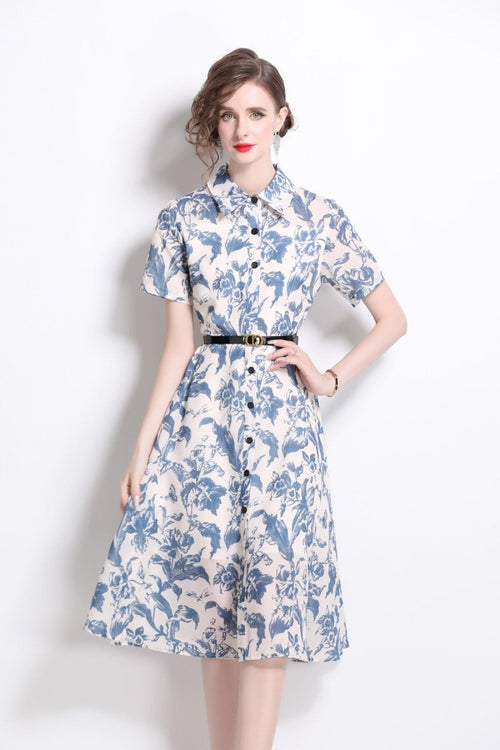 Floral Cinched Waist A Line Work Shirt Dress - 0cm